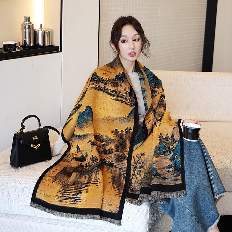 Peony Jacquard Chinese-Style Double-Sided Shawl Scarf – Warm & Versatile for Women In Autumn and Winter.