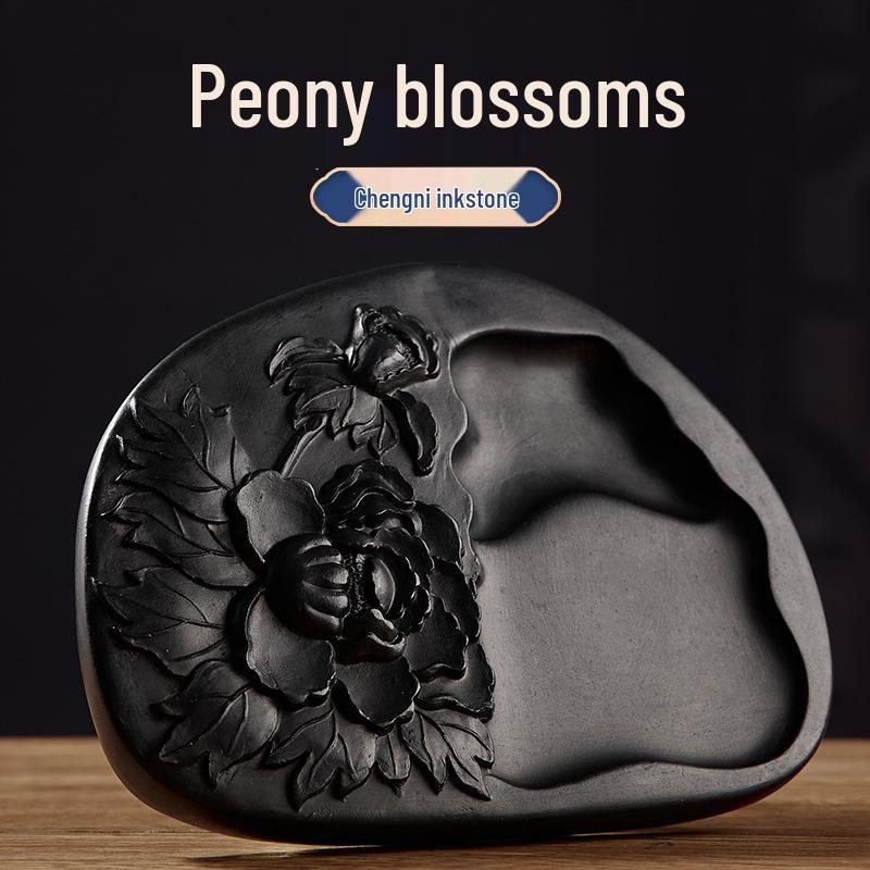 Chengni Inkstone Calligraphy Set: Natural Raw Stone Ink Stick, Duan & She Inkstones, Calligraphy Brush, and Ink Block for Grinding.