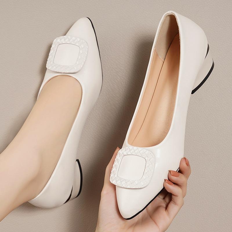 Fashion Single Shoes Women's Spring New Light Mouth Solid Color Work Shoes One Pedal Lazy Shoes Square Buckle Middle Heel Pointed