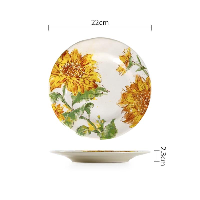 

Креативные нестандартные керамические тарелки Изысканная тарелка с подсолнухами Вкусные блюда Глубокая суповая тарелка Посуда для послеобеденного чая Десерт