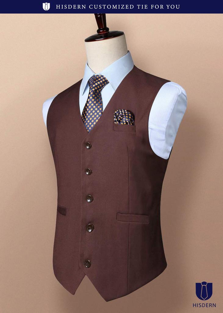 HISDERN Suit Wedding Business Stylish with Slim Formal Wear Men's Vest, Vest, Vest, V-Neck Buckle, Fit, (Brown/XL) V-01