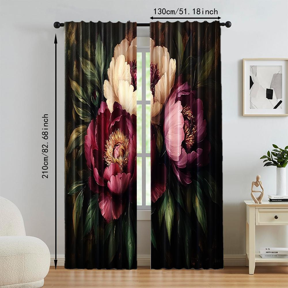 2 pcs   versatile polyester transparent curtains for home decoration Romantic Peony Floral for use in bedrooms and living rooms