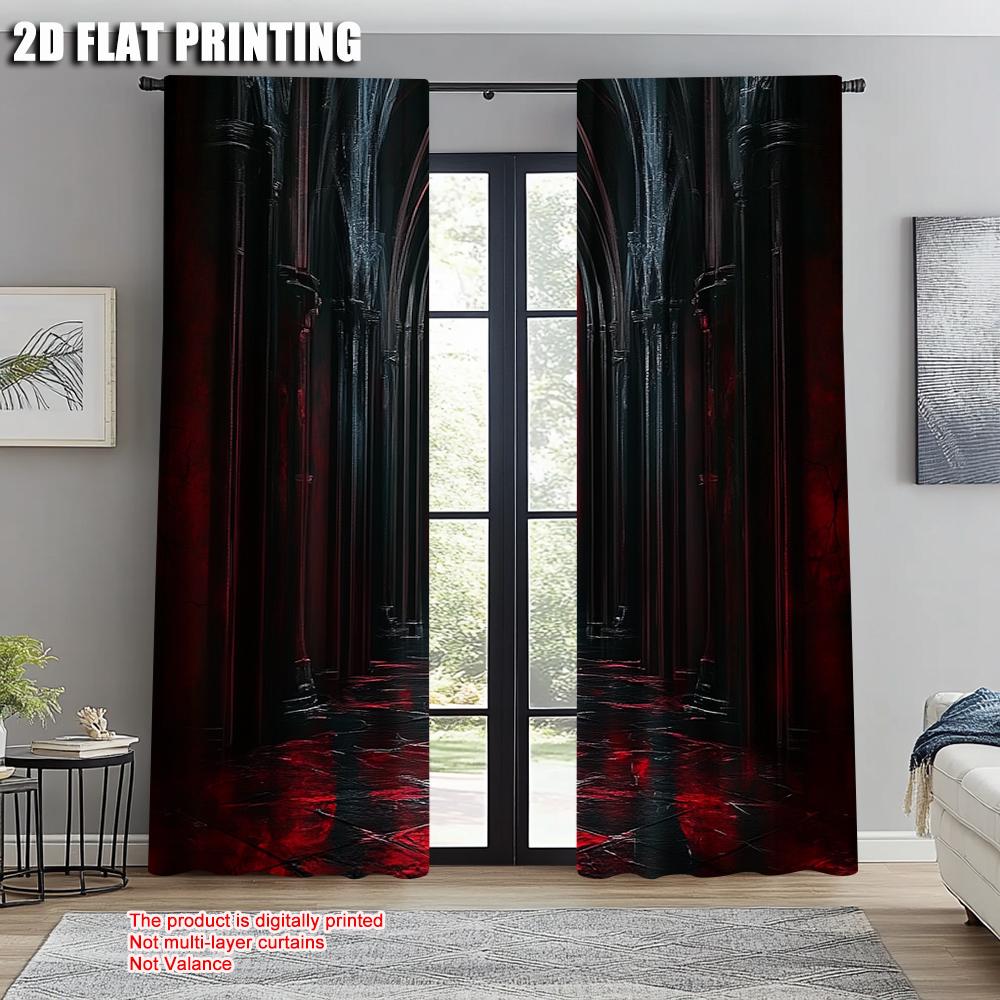 Set Of 2 Fashionable Curtains Print Gothic Archway Black Red Without Rod Insulation Room Curtain Thermal Made Polyester Machine Washable