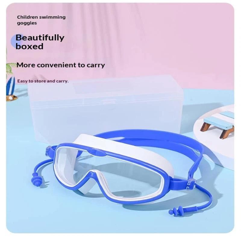 1Pcs Anti Fog Uv Protection Clear Vision Kids Large Frame Swim Goggles With Earplugs For Boys Girls Youth 3-15 Years