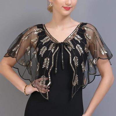 Retro 1920er Jahre Perlen Pailletten Schal Vintage Flapper Abend Cape Sheer Mesh Stickerei Blatt Frauen Bolero Party Zubehör