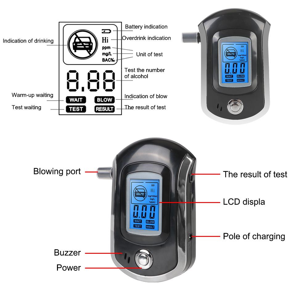 Digital Breath Alcohol Tester LCD Screen Professional Mini Manual AT6000 Breath Drunk Driving Analyzer