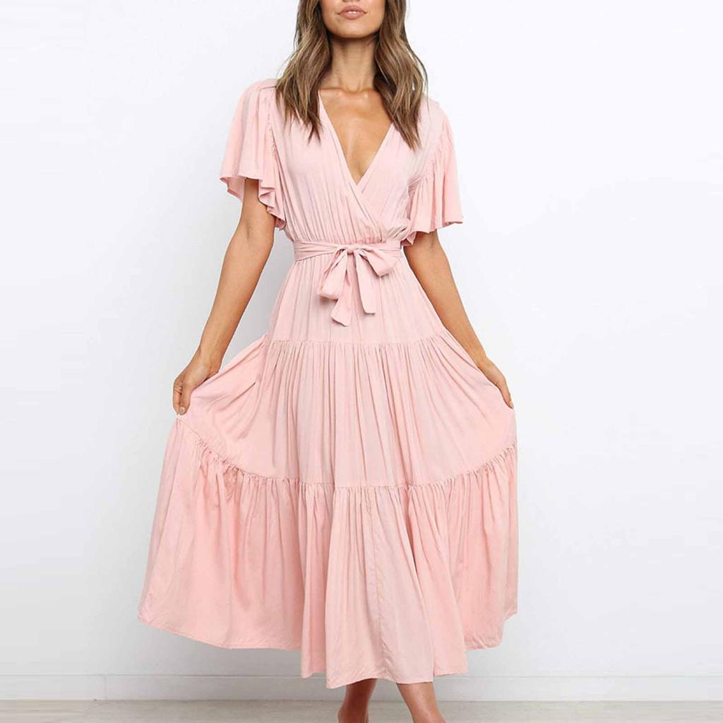 Women's Casual Fashion Color V-neck Lace-up Flared Sleeve Splicing Dress