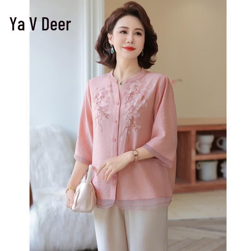Middle-Aged Women s Embroidered Cotton Linen Mid-Sleeve Top Collection XL