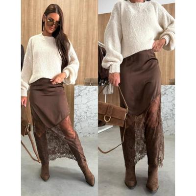 Women's Spring/Fall Lace-Panel Skirt Solid-Color Slimming Bodycon Skirt