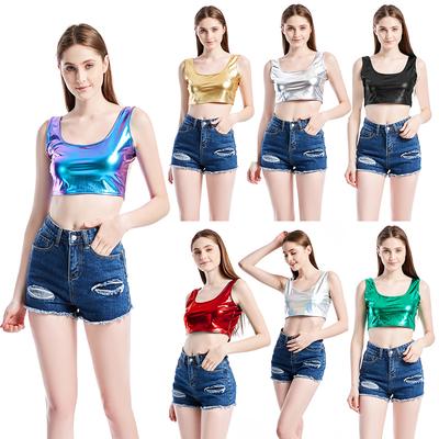 Womens Metallic Shiny Crop Tank Top Vest U Neck Sleeveless Camisole Slim Fit Tank Tops Party Clubwear