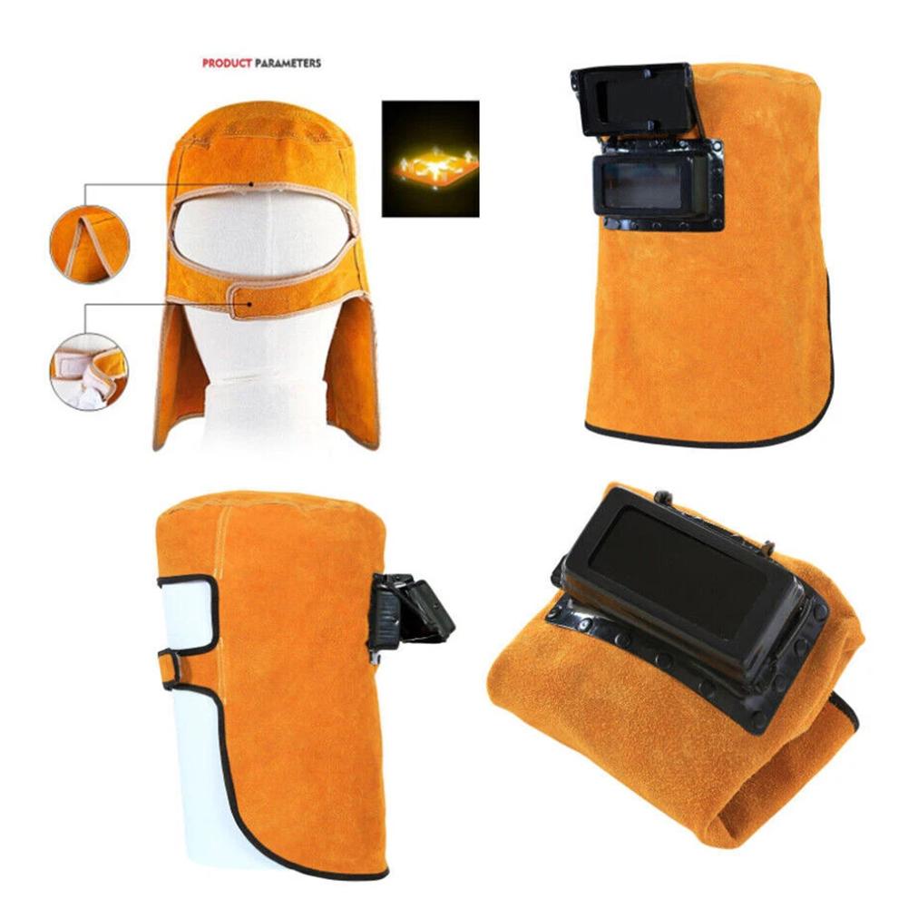 Solar-Powered, Auto-Darkening Filter Lens Welder's Leather Welding Helmet With Hood And Heat-Resistant, Breathable Lens