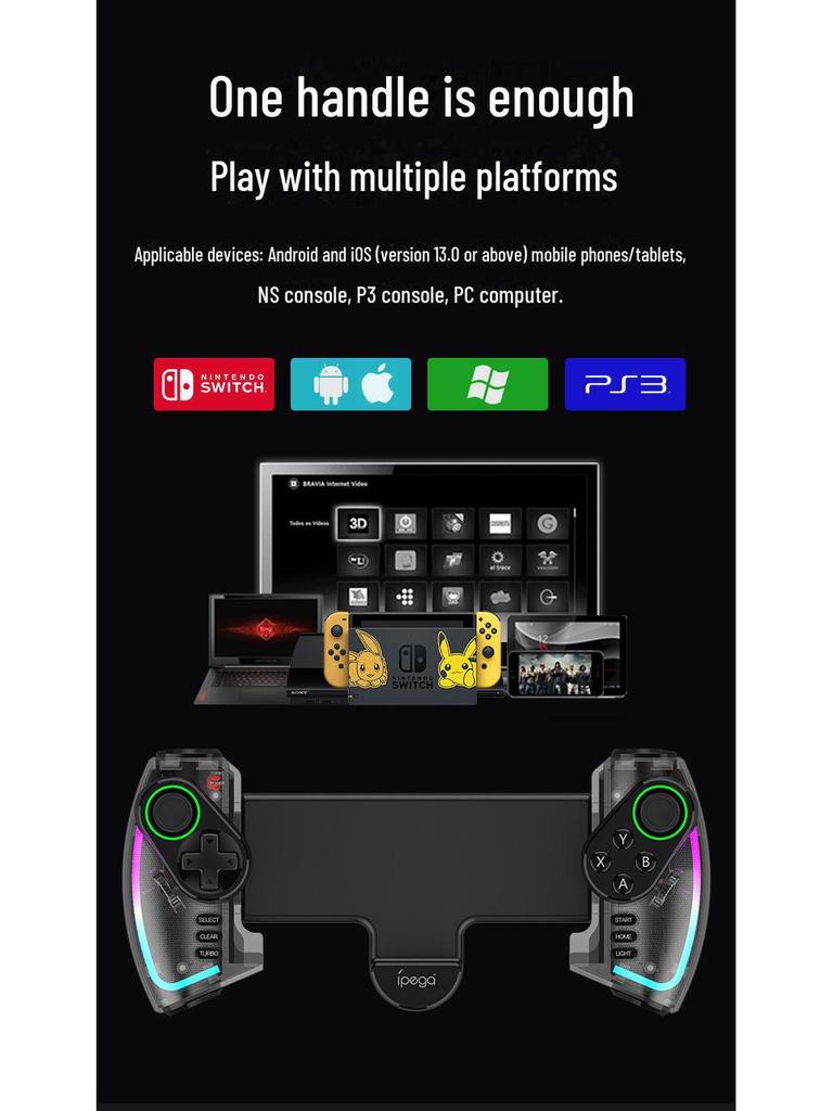 Guangyao Wireless Bluetooth Game Controller for Tablet, Mobile, PC & Stretch Handle 
