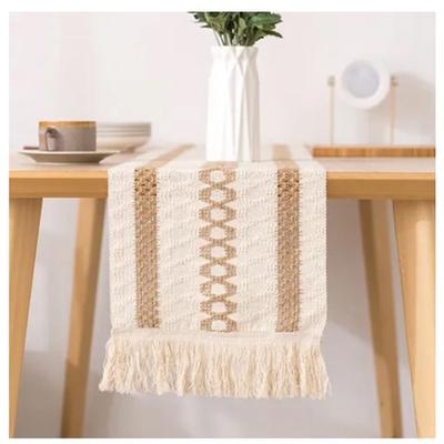 Table Runner Cotton Linen Splicing Wedding Party Table Runner with Tassels Wedding Party Decoration