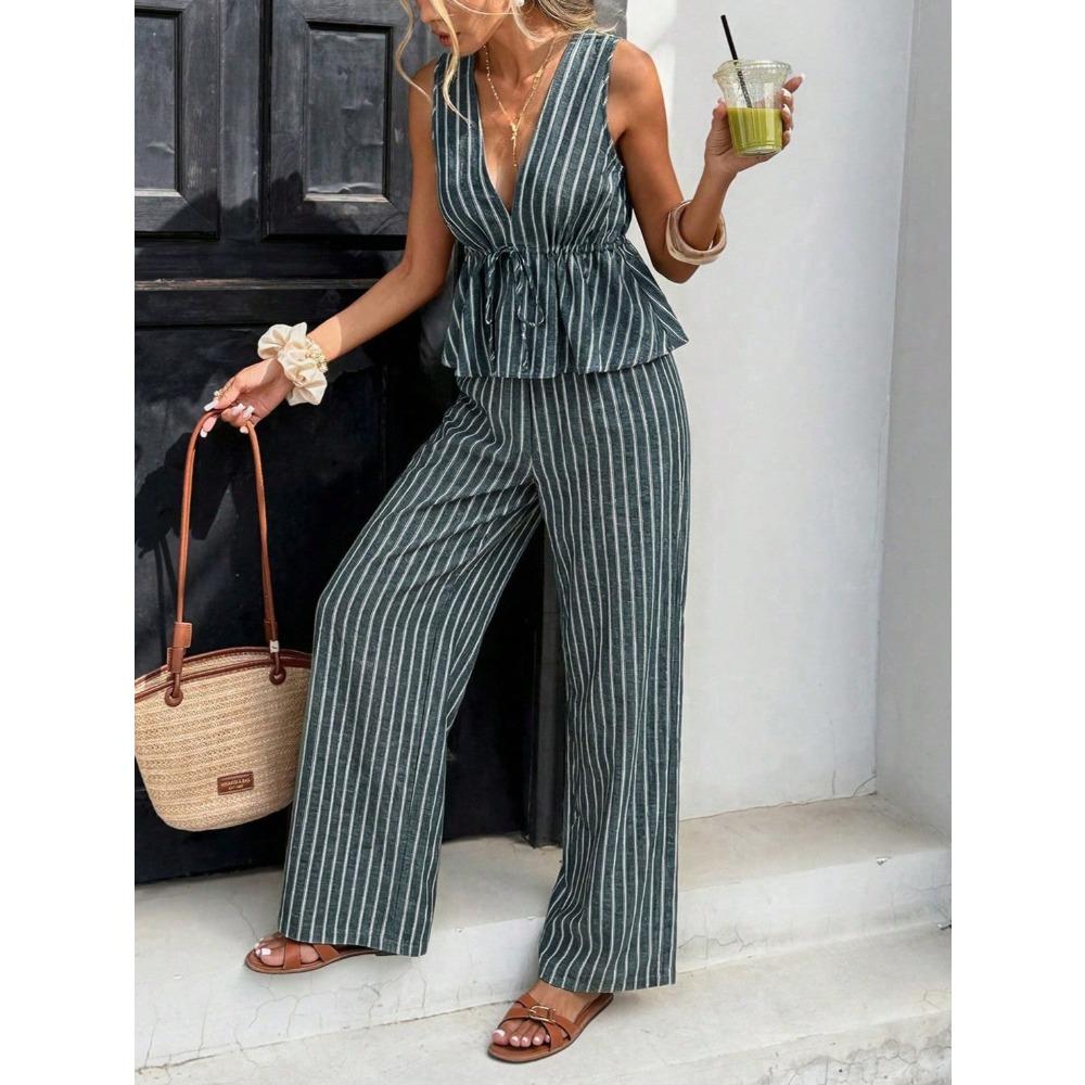 Ensemble 2 pièces élégant : Haut rayé sans manches à encolure en V et Pantalon large taille haute, Tenue décontractée d'été pour les vacances