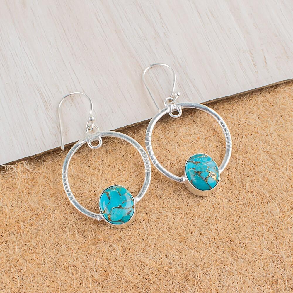 Blue Copper Turquoise Gemstone 925 Sterling Silver Handcrafted Earrings 1.37" EE-67-23