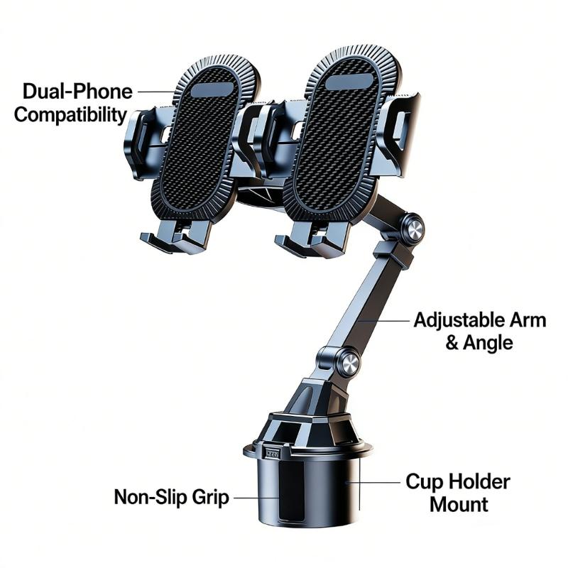 Vehicle Cup Holder Mount Phone Holder Double Adjustable Head For 4.7in to 7.2in Device Silicone Pad Smartphone Stand