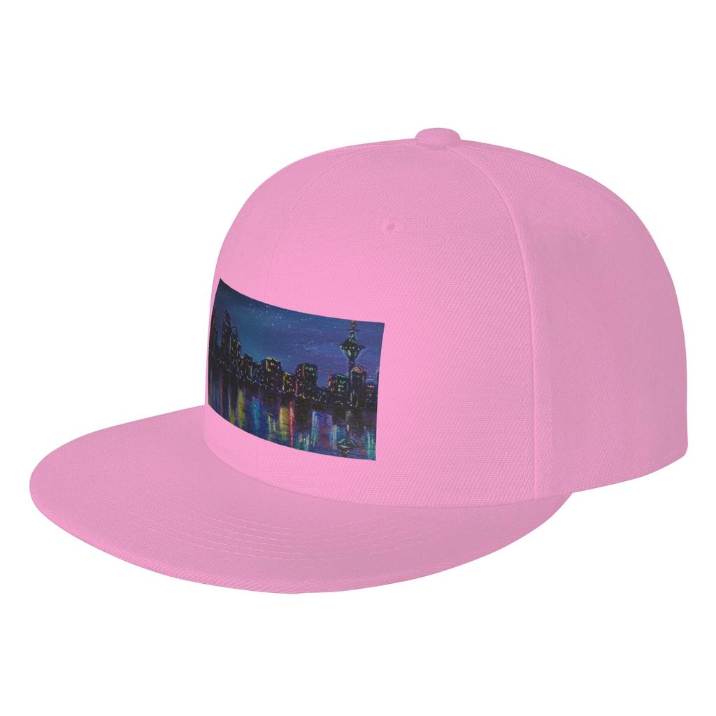 Fashion Colourful Cityscape at night reflecting on water acrylic painting Flat Brim Sun Hat Suitable For Square Faces Black Cap