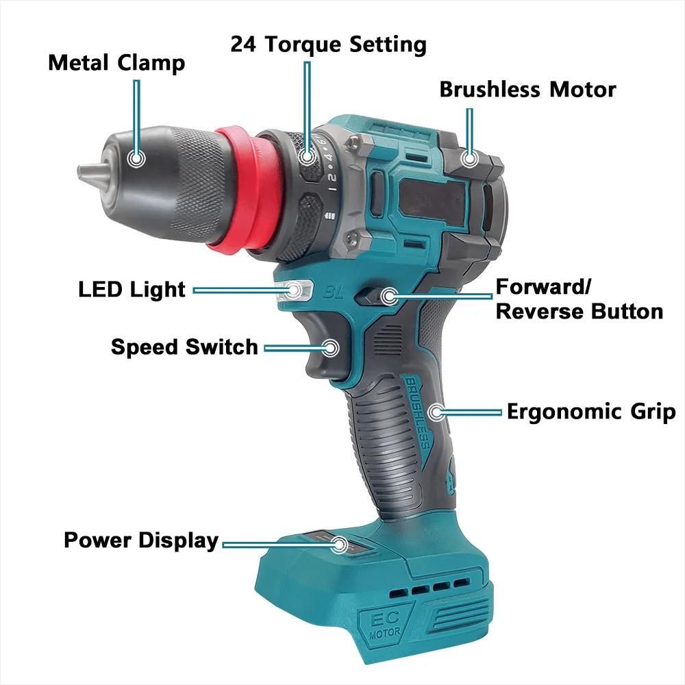 2 In 1 10MM Brushless Screwdriver Rechargeable Handheld Drilling Holes Power Tool Cordless Electric Drill Chuck