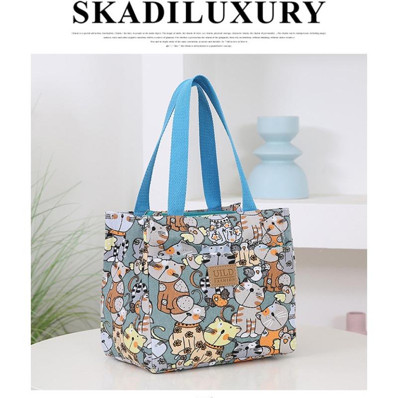 New Fashionable Women's Hand-held Printed Canvas Bag Thickened Large-capacity Aluminum Foil Bento Thermal Insulation Tote Bag