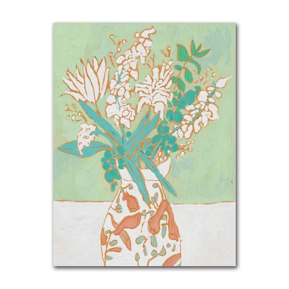 Nordic Flower Leaf Colorful Vase Art Print Wall Poster Canvas Painting Retro Picture Modern Home Decor Bedroom Decoration