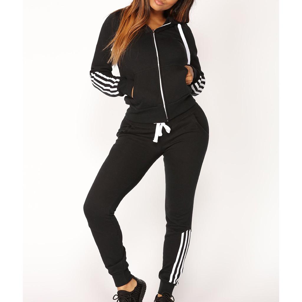 Móda Ženy Ležérní Proužek Zip s dlouhým rukávem Sportovní topy + dlouhé kalhoty Set