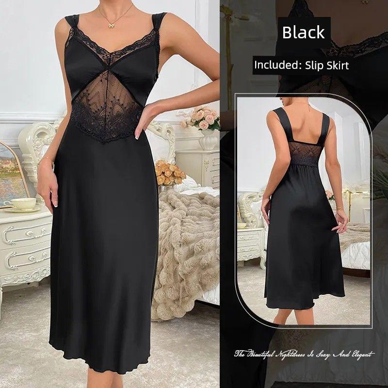 

2025 New Arrival Fashion Style Sexy Nightdress/Pure Desire Lace See-through V-neck Suspender Dress/Pure Desire Style Dress Black L