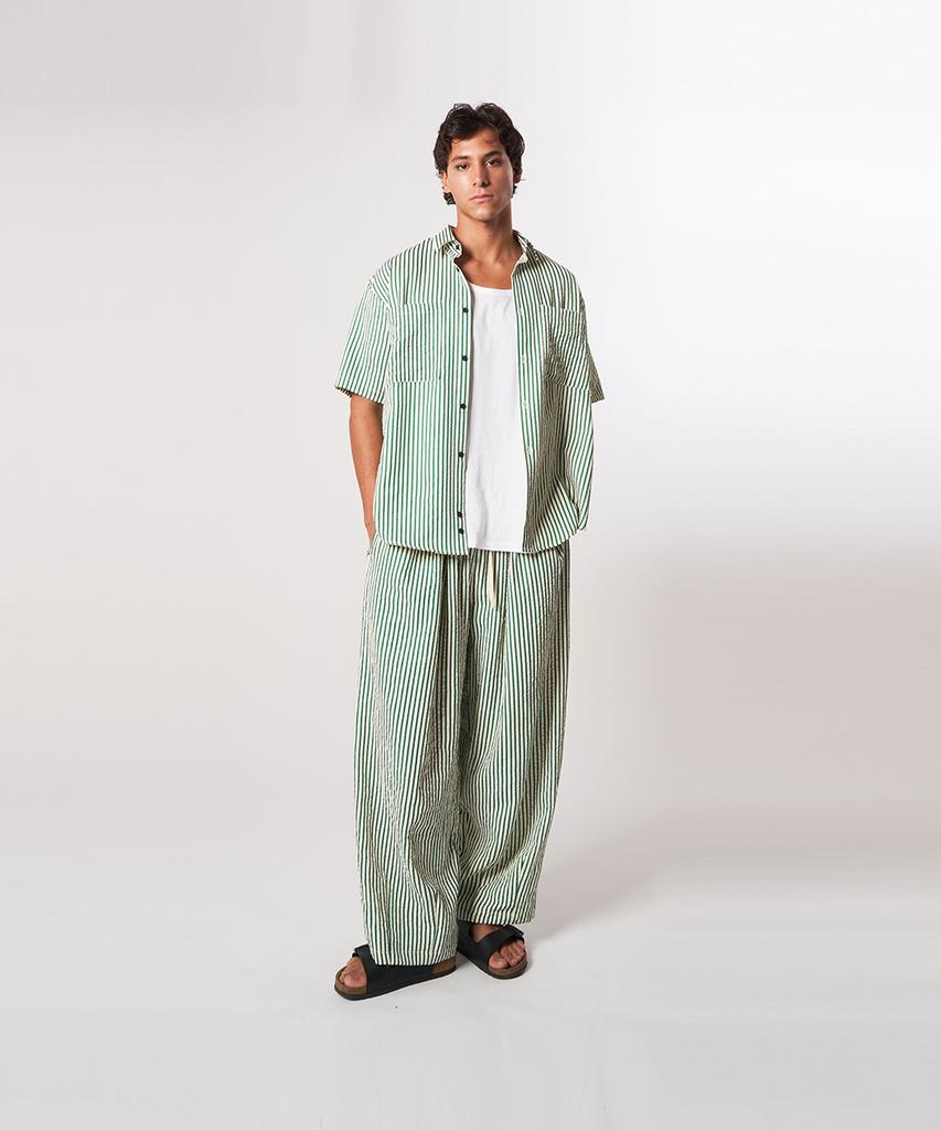 Athplatform Au61Sh15_Wrinkle Stripe Lounge Shirt_Green