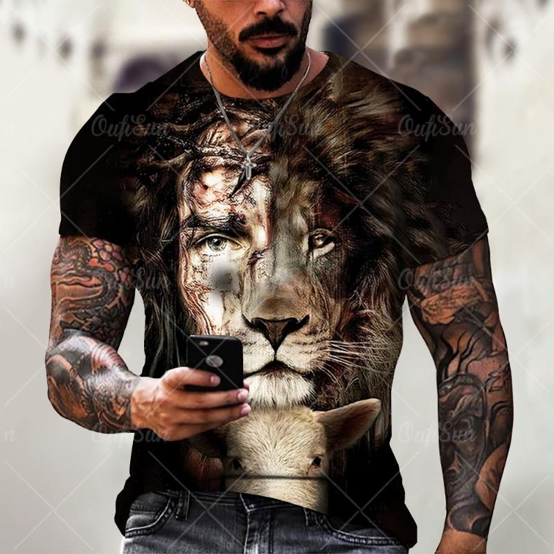 Christ Jesus T-Shirts for Men 3D Lion Printed T-Shirt Summer Clothes Short Sleeve Streetwear Vintage