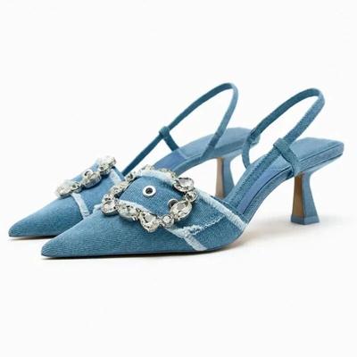 Fashion Sandals Female Autumn 2024 New Blue Rhinestone Decoration Denim High Heels Fine Heel Pointed Shallow Mouth Single Shoes