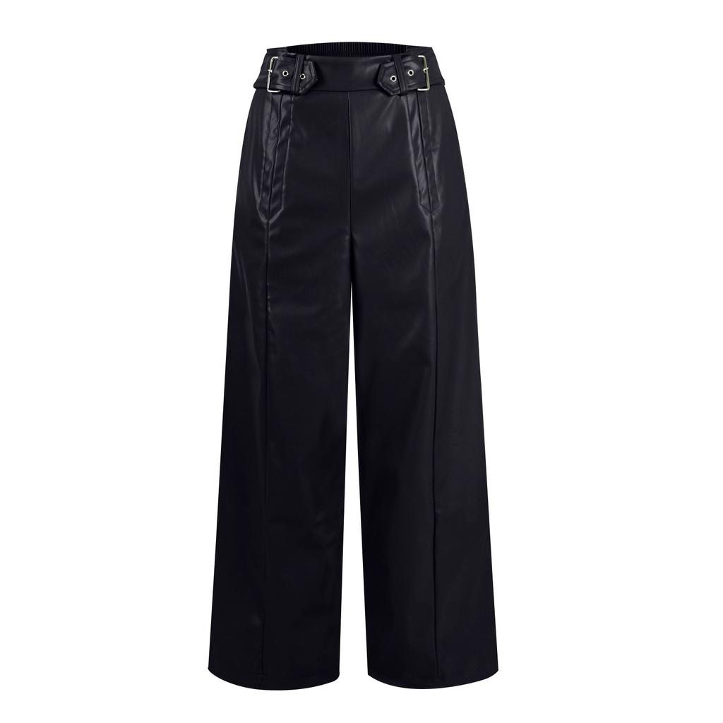 Ladies New Fashion Leather Pants High Waist Loose Pocket Waist PU Leather Flared Pants