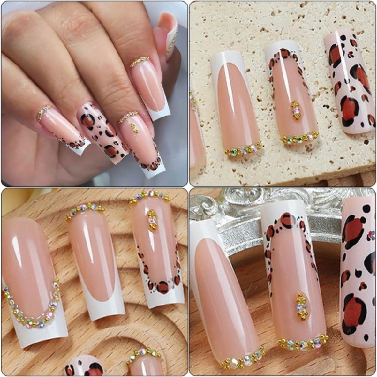 24Pcs Long Square False Nail Glossy White French Tip Full Covers Leopard Press on Nail Manicure For Any Occasion