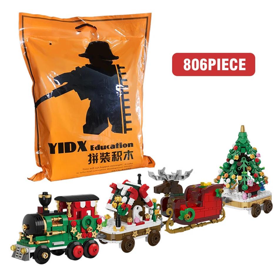 Christmas Train Building Blocks DIY Bricks Toys Santa Claus Sleigh Carriage Christmas Tree Assembly Model Blocks Kids Xmas Gifts