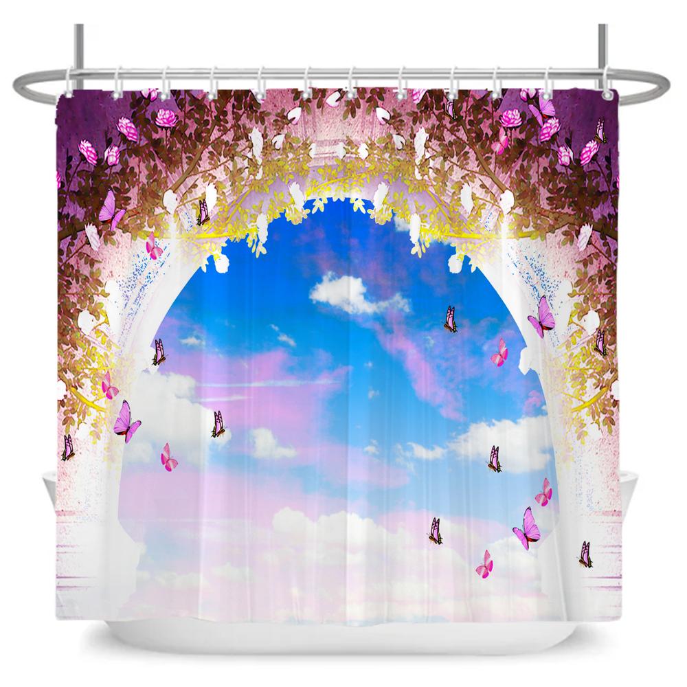 Rural Flowers Scenery Shower Curtain Dreamlike Blooming Flowers Tree Home Bathtub Decor Waterproof Polyester Bathroom Curtains