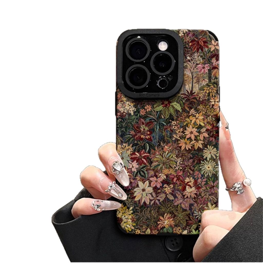 Oil painting Baicao lanyard suitable for Apple 16promax mobile phone case iphone13 silicone sheepskin 15 retro niche