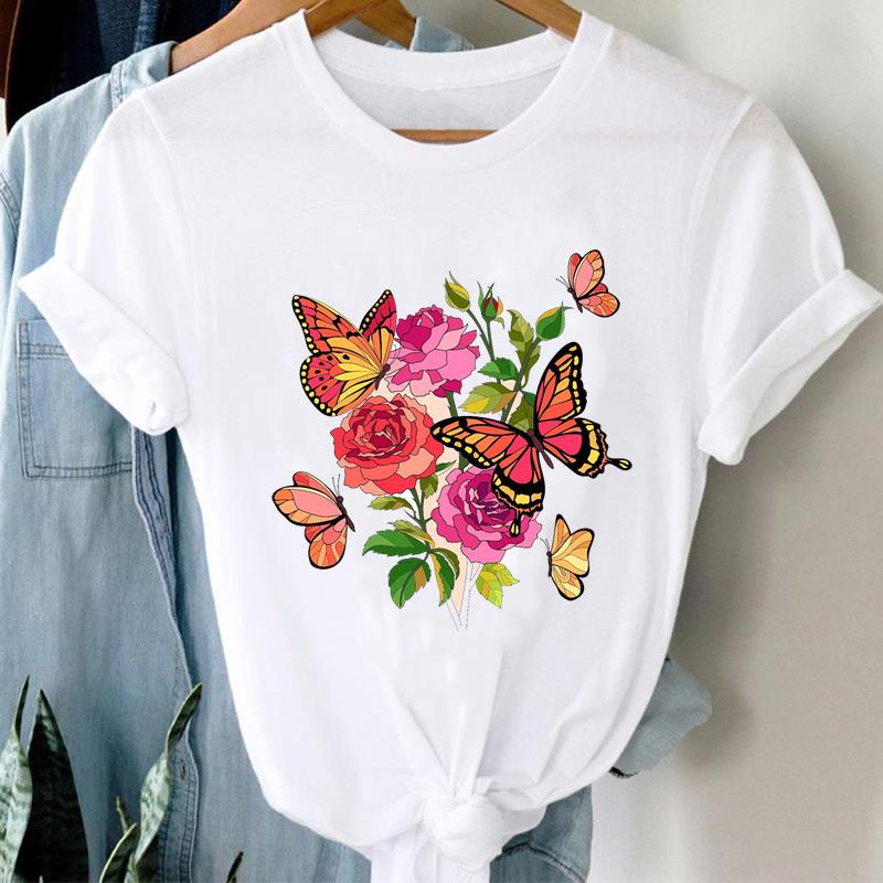 (Asian Size) Butterfly Cute Short Sleeve T-shirts Casual Clothing Printed Female Top T Shirt O-neck Lady Fashion Women Graphic Tee