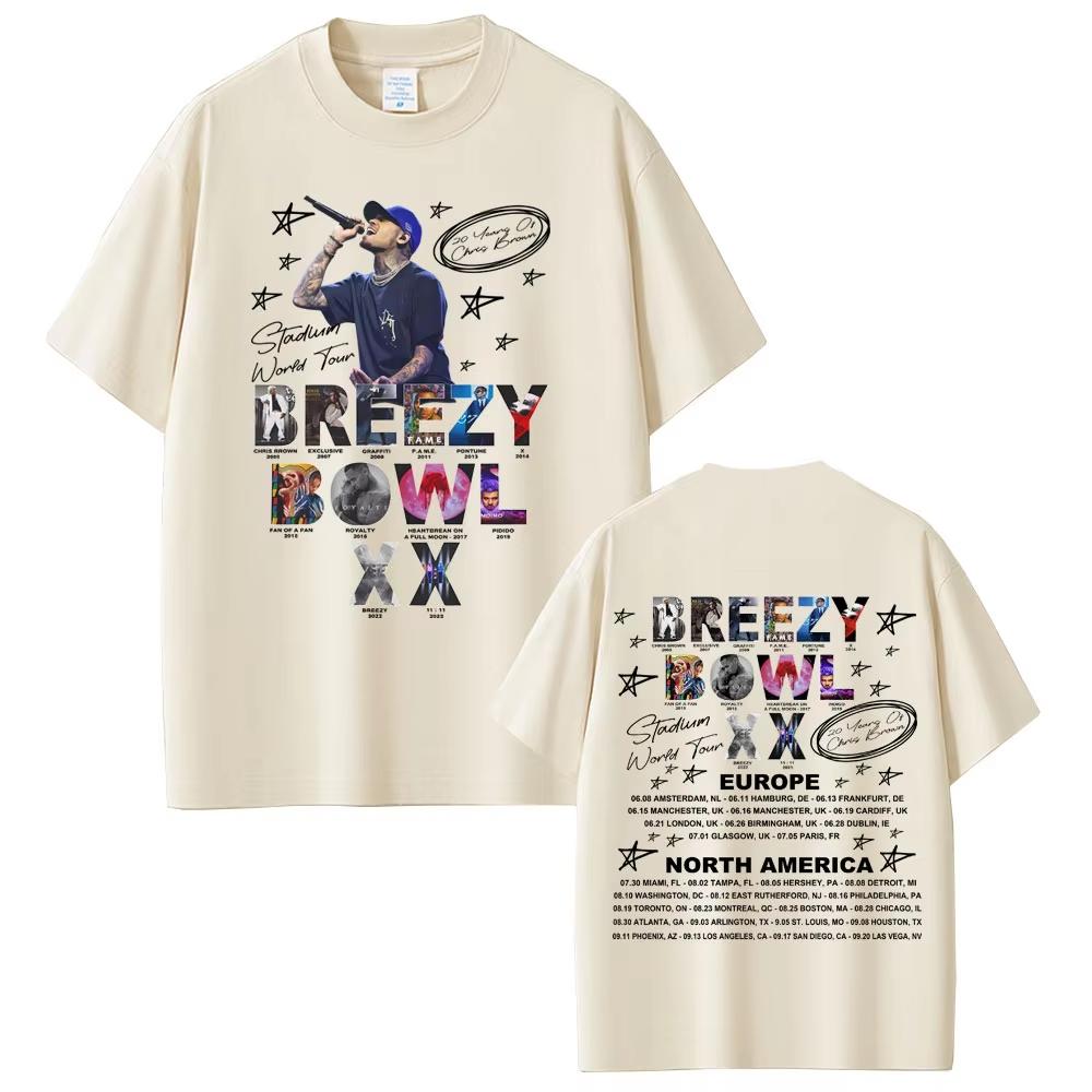 Vintage Washed Chris Brown Breezy Bowl XX Tour 2025 R&B Pop Graphic T-shirt Men Women Printed Tee Summer Casual Fashion Clothing Tops Streetwear