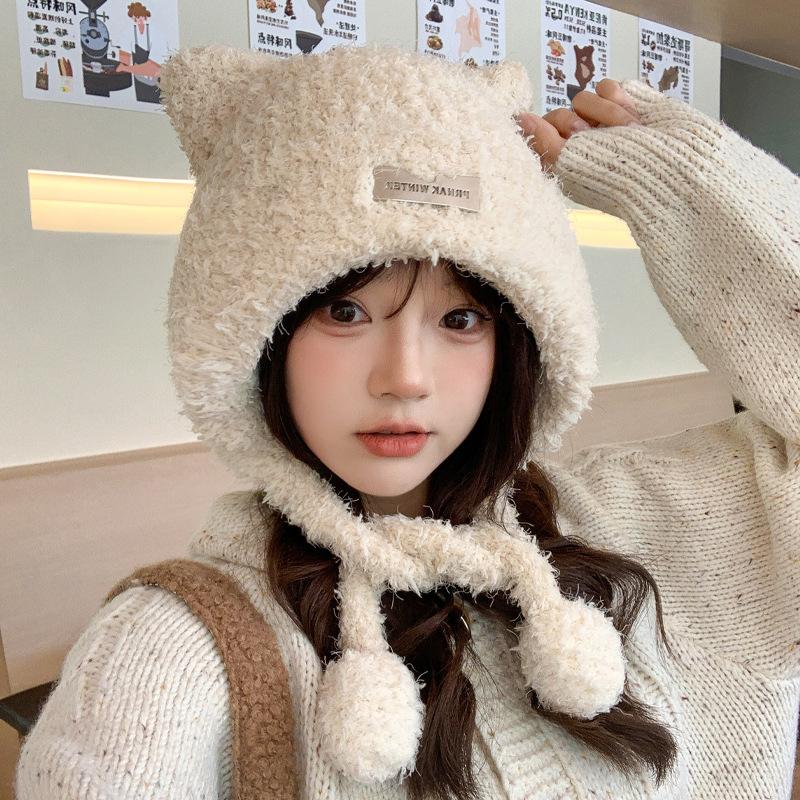 Korean New Autumn and Winter Hat for Women Cute Bear Ear Knitted Wool Hat for Winter Warm Plush Ear Protection Hat Thick
