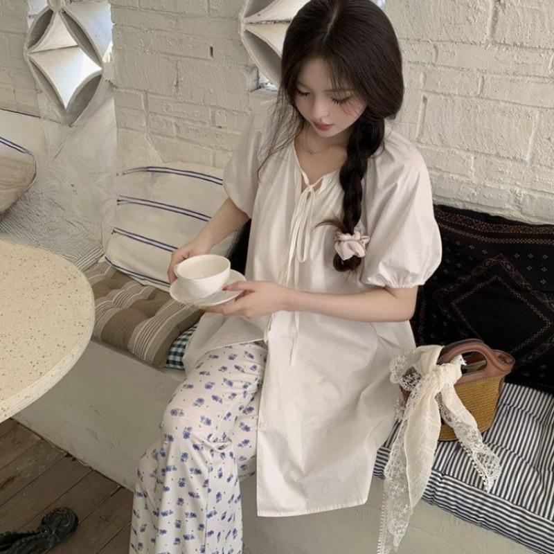 Solid Color Women's Lace Up Shirt Loose Round Neck Single Breasted Famale Short Sleeved Shirts Summer Comfortable Sweet Style Ladies Top