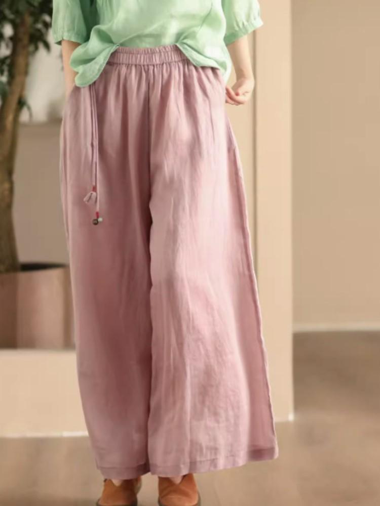 Johnature Damen Vintage Hose mit weitem Bein, einfarbig, Sommerhose mit elastischer Taille, lockere Freizeithose