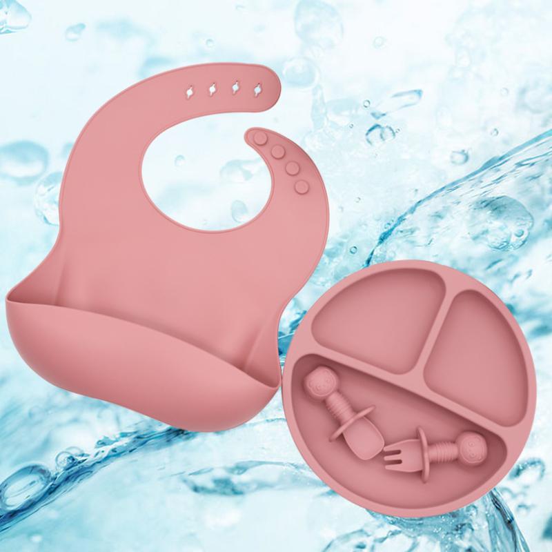 8PCS/Set Baby Silicone Tableware Set Baby Feeding Dishes BPA Free Bowl Plate Bibs Spoon Fork Sets Children Non-slip Dinnerware