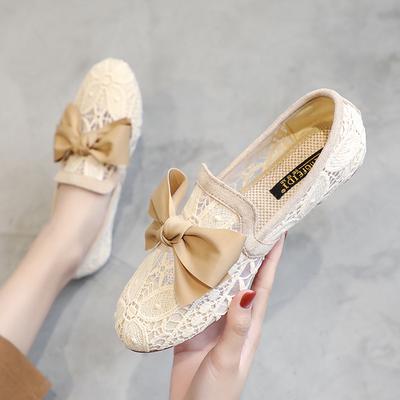 Fashion Hollow Out Lace Flats Woman Butterfly-knot Moccasins Ballet Shoes Women Slip On Breathable Air Mesh Loafers Plus Size 40 41 42