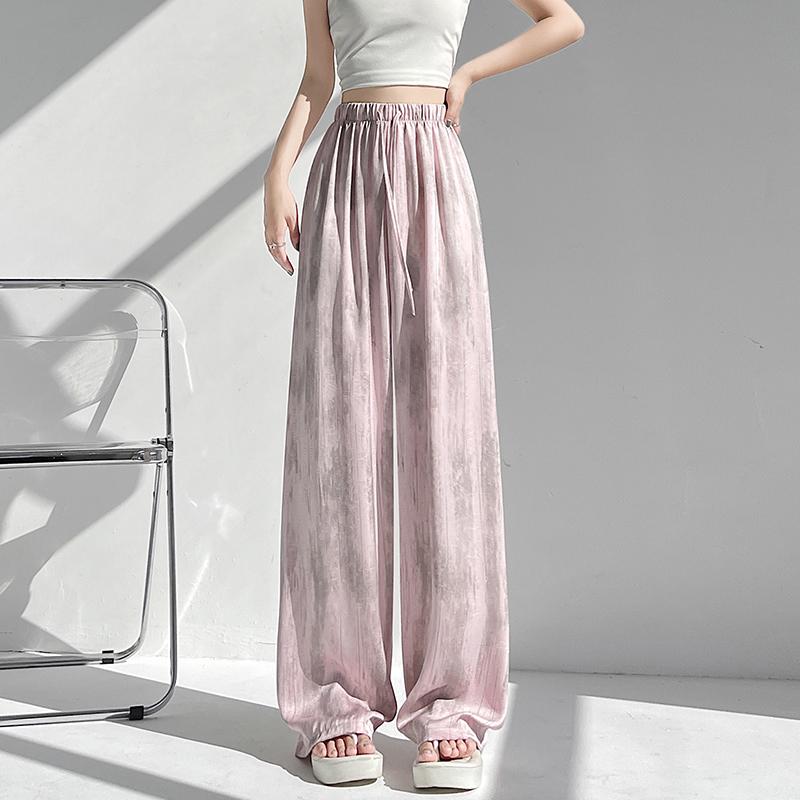 Spring Summer Retro Ice Silk Tie Dye Wide Leg Pants for Women Loose Straight Casual Leg Women's Pants