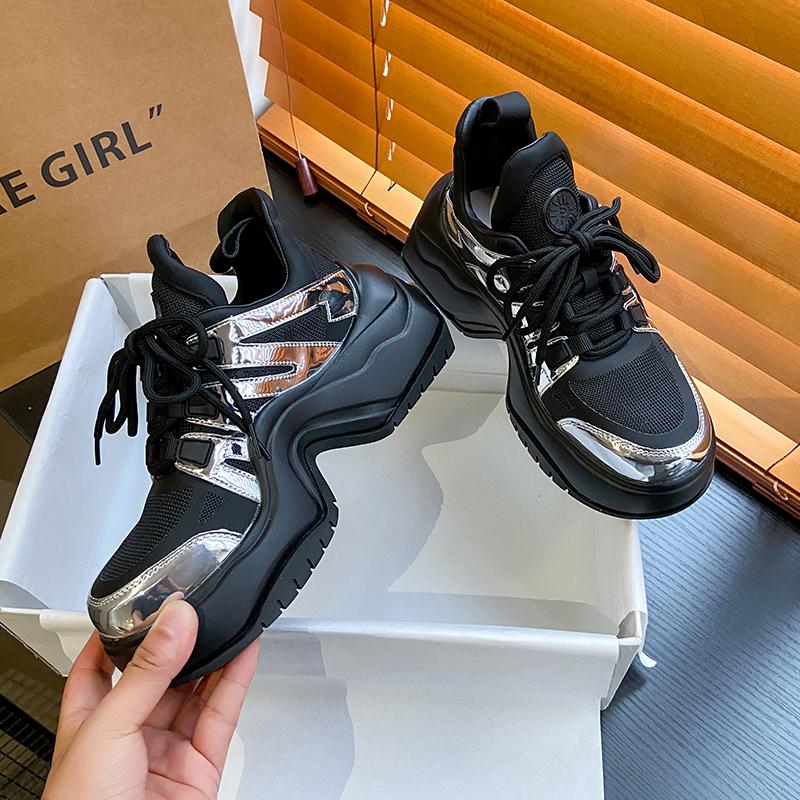 Fashion Women Silver Sneakers Lace Up Platform Brand High Quality Casual Sports Thick Bottom Shoes Outdoor Running Tennis Shoes 35-40