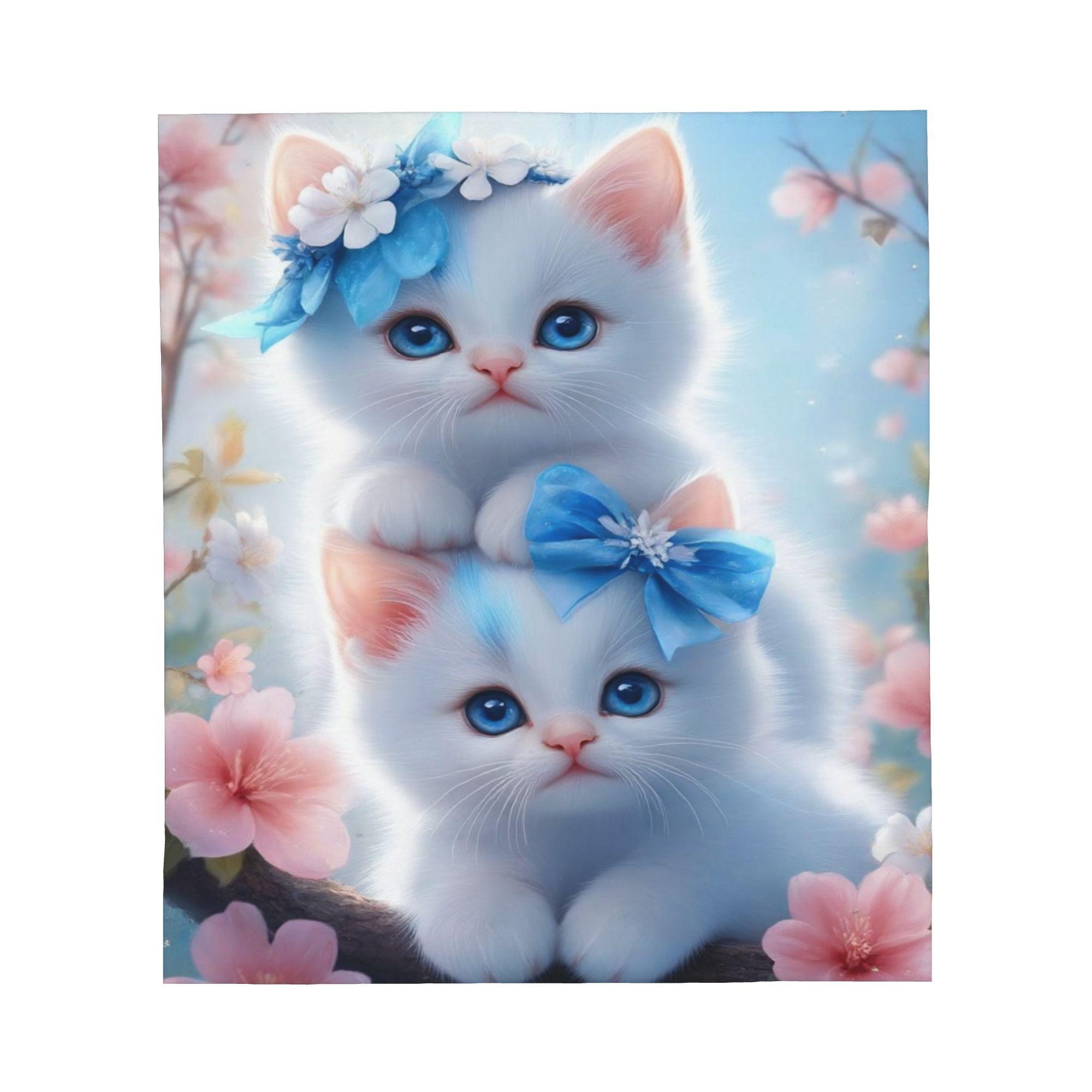 Blue Floral Kittens Flannel Blanket - Soft Cozy with White Cat Pink Flower Design - Warm All-Season for Bed, Sofa, Travel 75X95CM