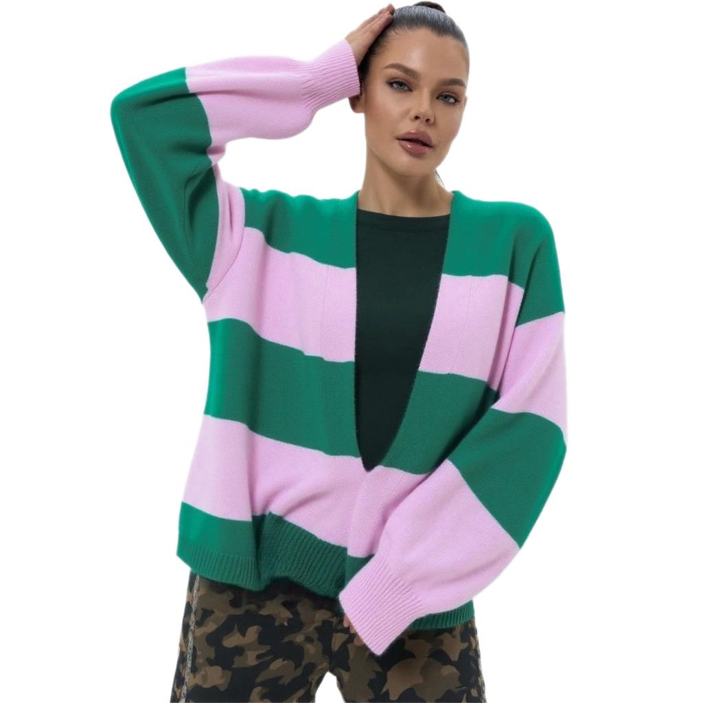 Pullover im europäischen und amerikanischen Stil, farbblockierter gestreifter Cardigan für Damen, lockere Strickjacke mit langen Ärmeln für Damen, Damenpullover