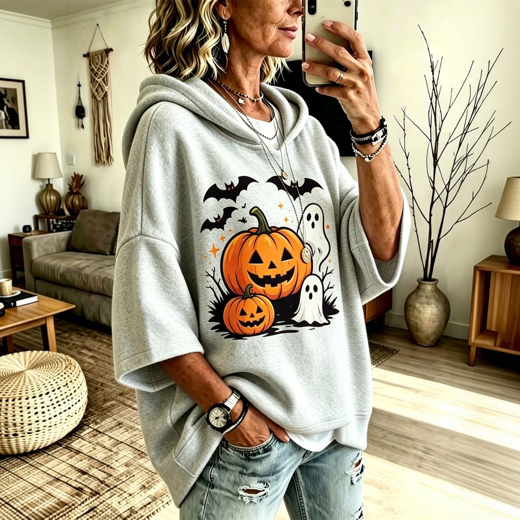 Women's Halloween Digital Print Hoodie Loose Fit Three-Quarter Sleeve Drop Shoulder Sweatshirt
