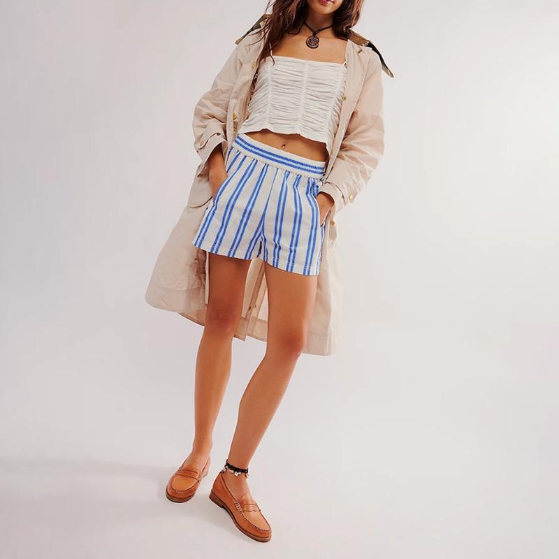 Women's Shorts Fashion Striped Casual Elastic-pocket Beach Shorts Women's Pants