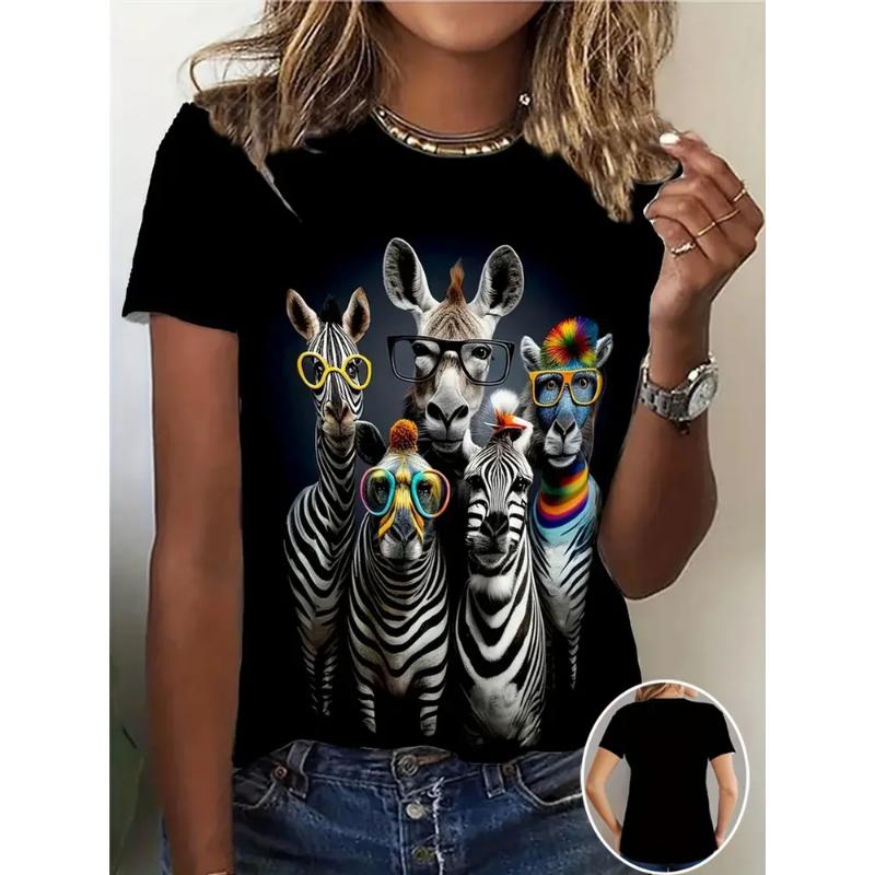 Comfortable Tee Crew Neck Women's Crew Neck T-Shirt Fashion Women's Animal Short Sleeve 3D Animal Color Printing Women's Short Sleeve Tops