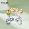 Unique Sky Blue Topaz White Round AAA Cubic Zircon Yellow Gold Plated 925 Sterling Silver Stud Earrings