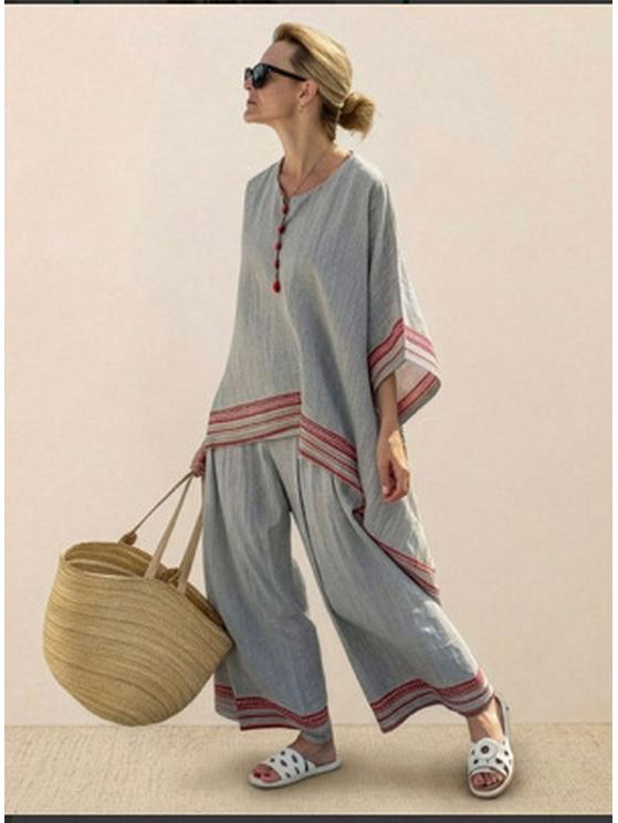 Women s Casual V-Neck Flutter Sleeve Bamboo Top with Japanese Vertical Stripes 4XL